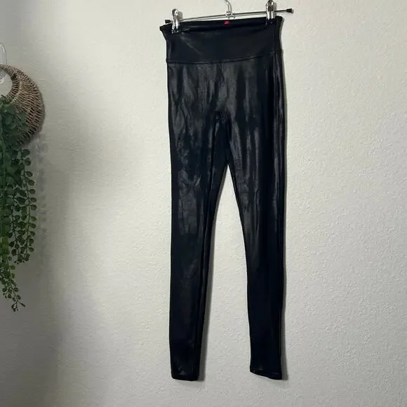 Spanx Women's Faux Leather Leggings Black Shaping Contour Waistband Size XS